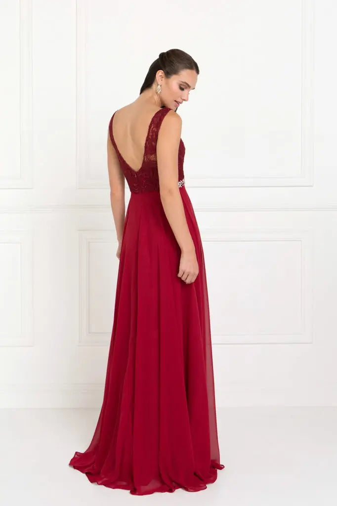 Lace Top Chiffon Long Dress Accented by Jewels on the Waist - RoshelLuxe.com