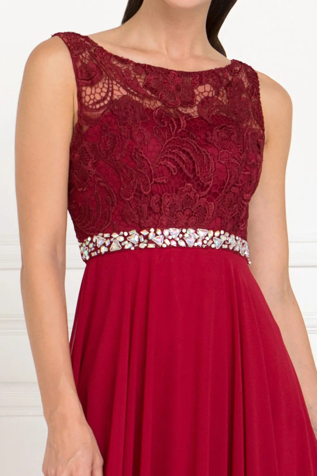 Lace Top Chiffon Long Dress Accented by Jewels on the Waist - RoshelLuxe.com