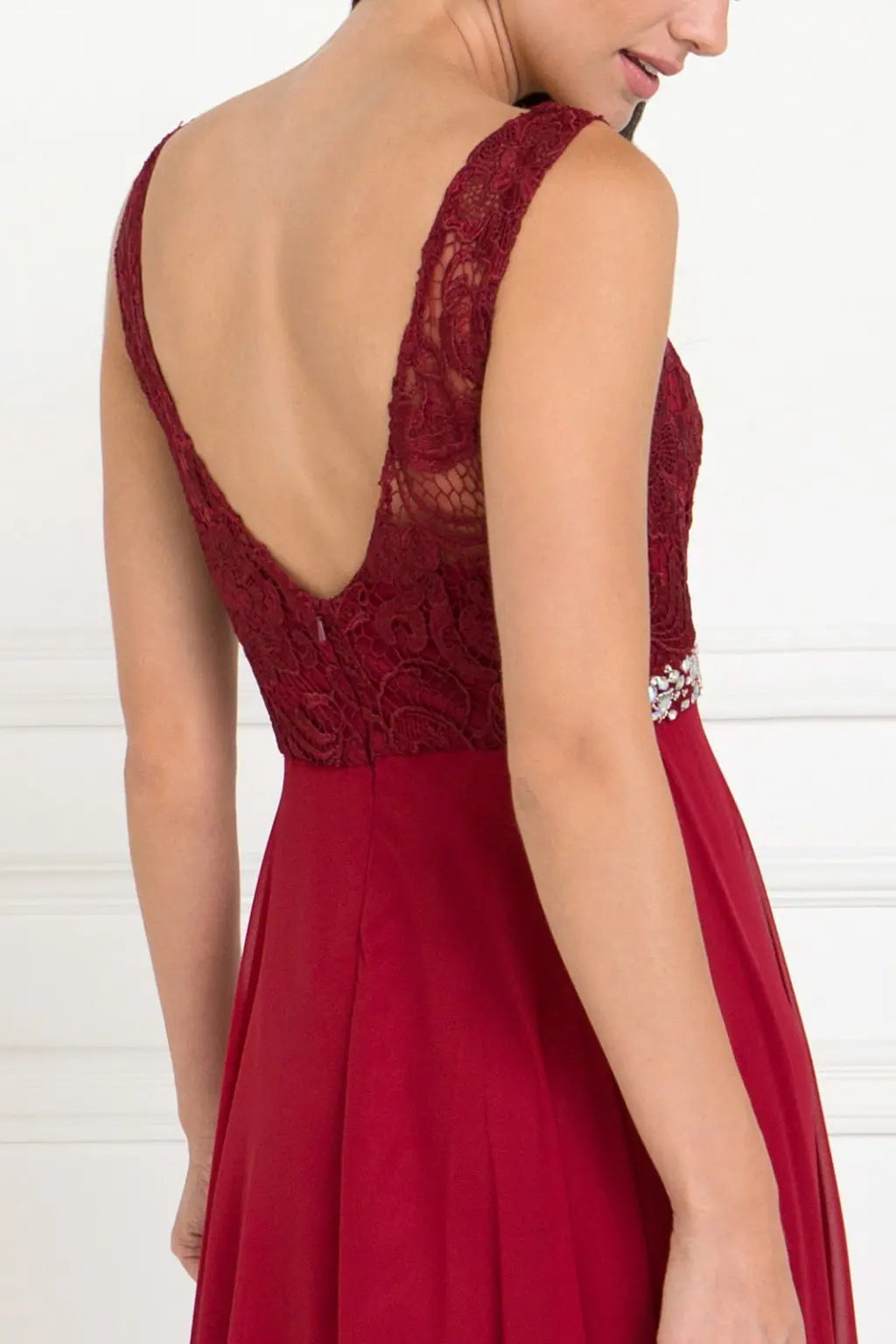 Lace Top Chiffon Long Dress Accented by Jewels on the Waist - RoshelLuxe.com
