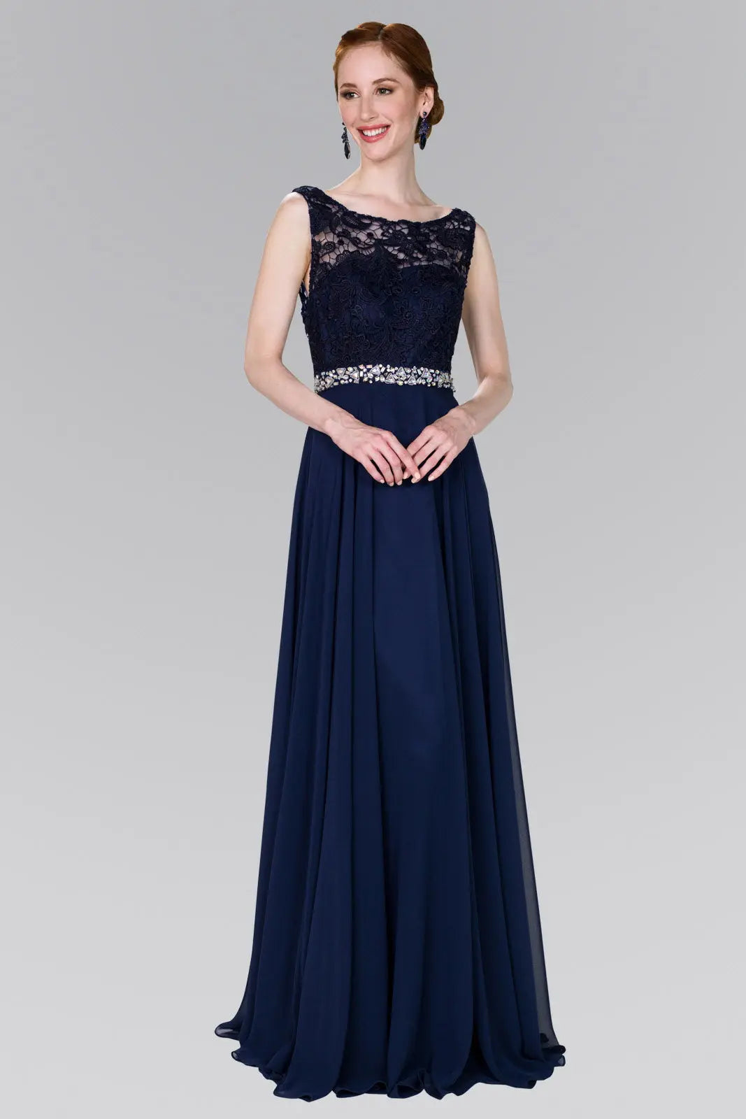 Lace Top Chiffon Long Dress Accented by Jewels on the Waist - RoshelLuxe.com