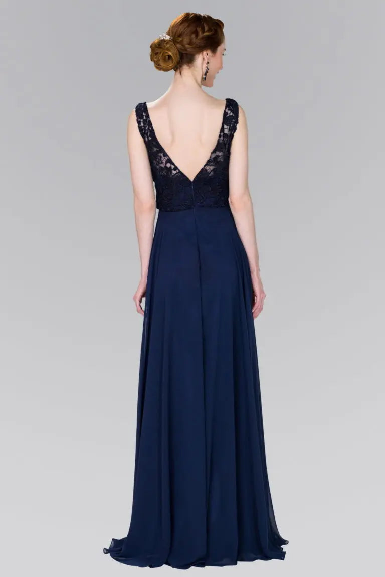 Lace Top Chiffon Long Dress Accented by Jewels on the Waist - RoshelLuxe.com