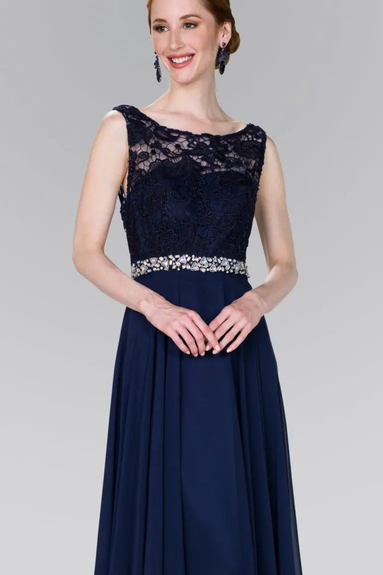 Lace Top Chiffon Long Dress Accented by Jewels on the Waist - RoshelLuxe.com