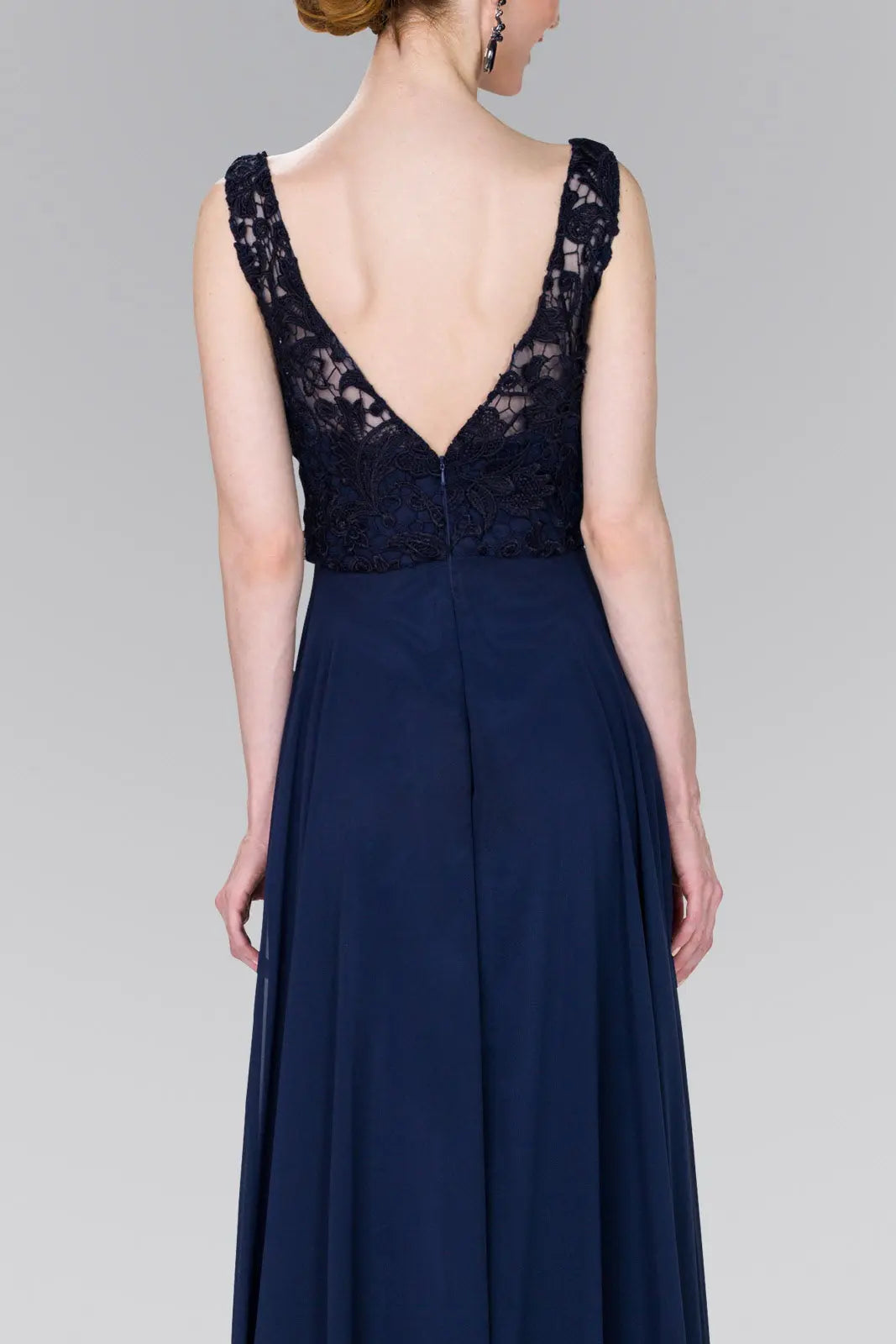 Lace Top Chiffon Long Dress Accented by Jewels on the Waist - RoshelLuxe.com