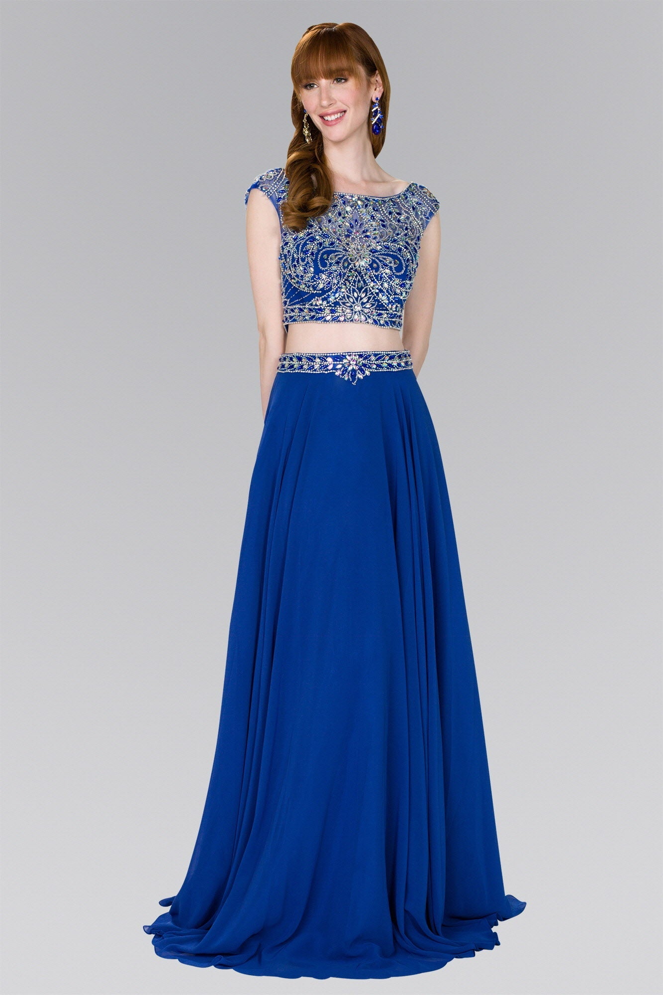 Two-Piece Chiffon A-Line Long Dress with Jewels - RoshelLuxe.com
