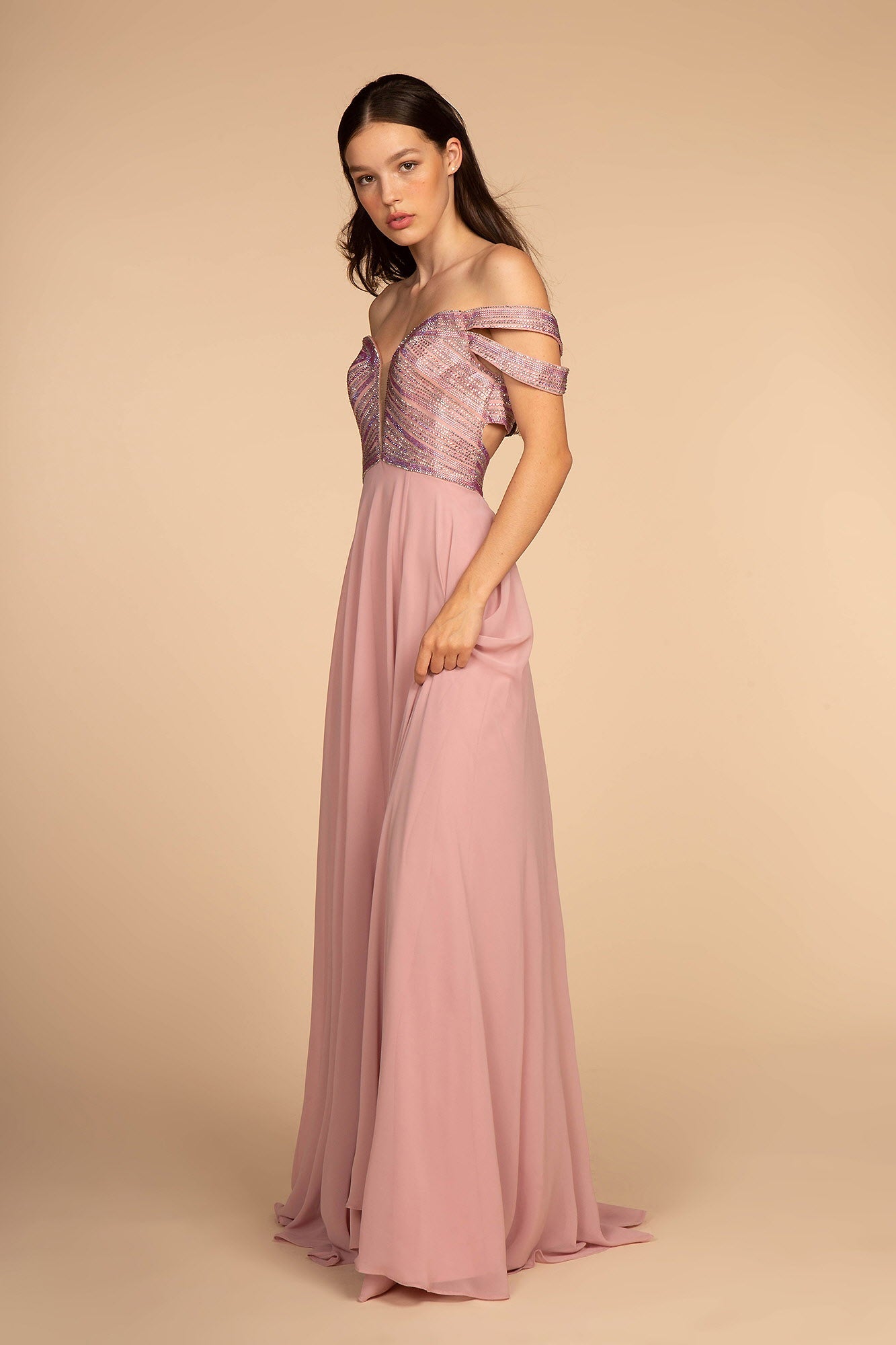 Jewel Embellished Bodice Illusion Deep V-Neck Chiffon Long Dress - RoshelLuxe.com