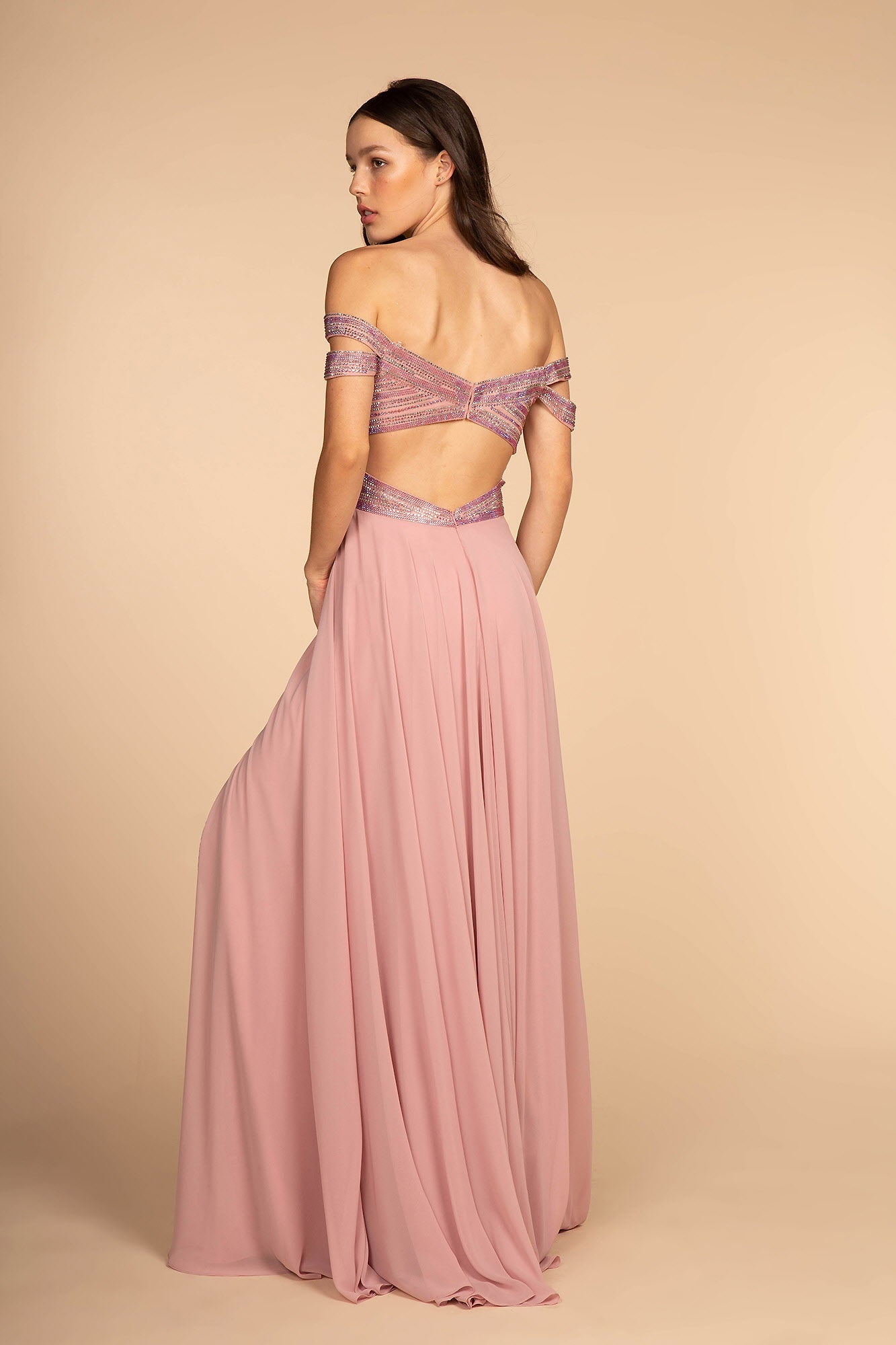 Jewel Embellished Bodice Illusion Deep V-Neck Chiffon Long Dress - RoshelLuxe.com