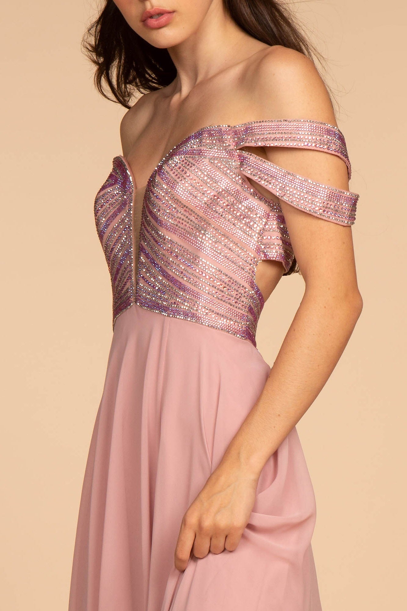 Jewel Embellished Bodice Illusion Deep V-Neck Chiffon Long Dress - RoshelLuxe.com