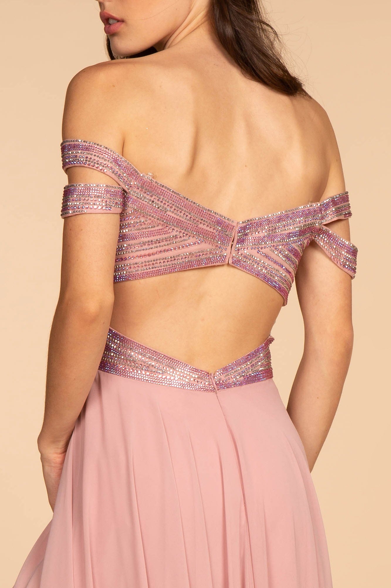 Jewel Embellished Bodice Illusion Deep V-Neck Chiffon Long Dress - RoshelLuxe.com