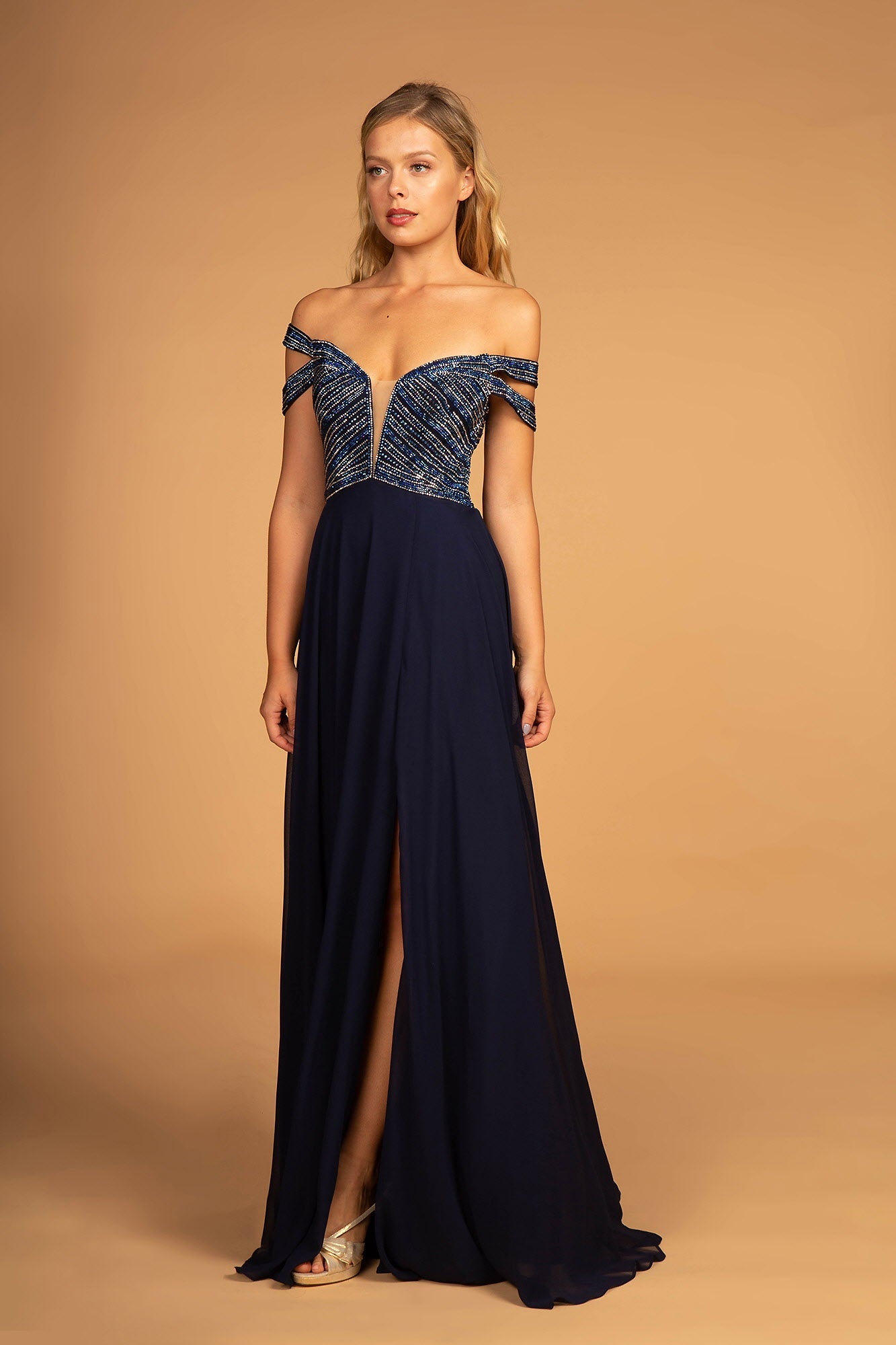 Jewel Embellished Bodice Illusion Deep V-Neck Chiffon Long Dress - RoshelLuxe.com