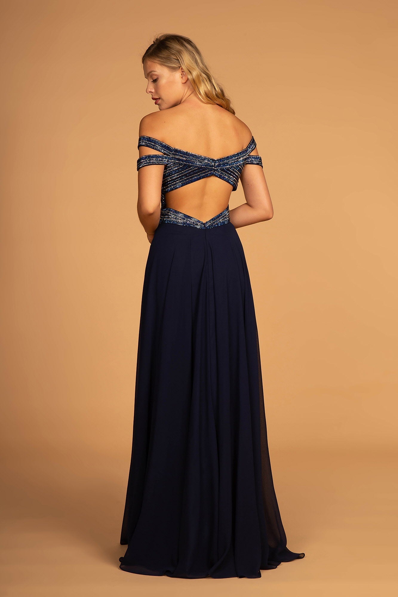 Jewel Embellished Bodice Illusion Deep V-Neck Chiffon Long Dress - RoshelLuxe.com