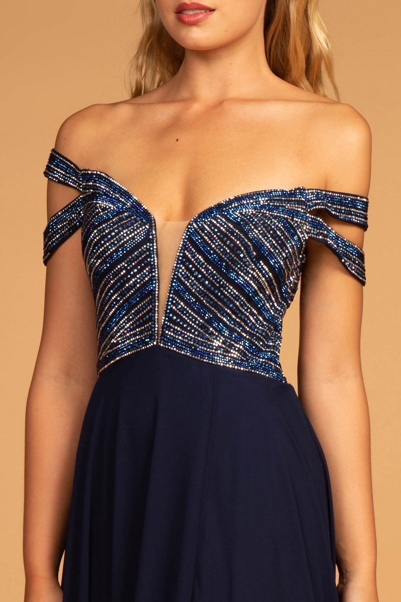 Jewel Embellished Bodice Illusion Deep V-Neck Chiffon Long Dress - RoshelLuxe.com