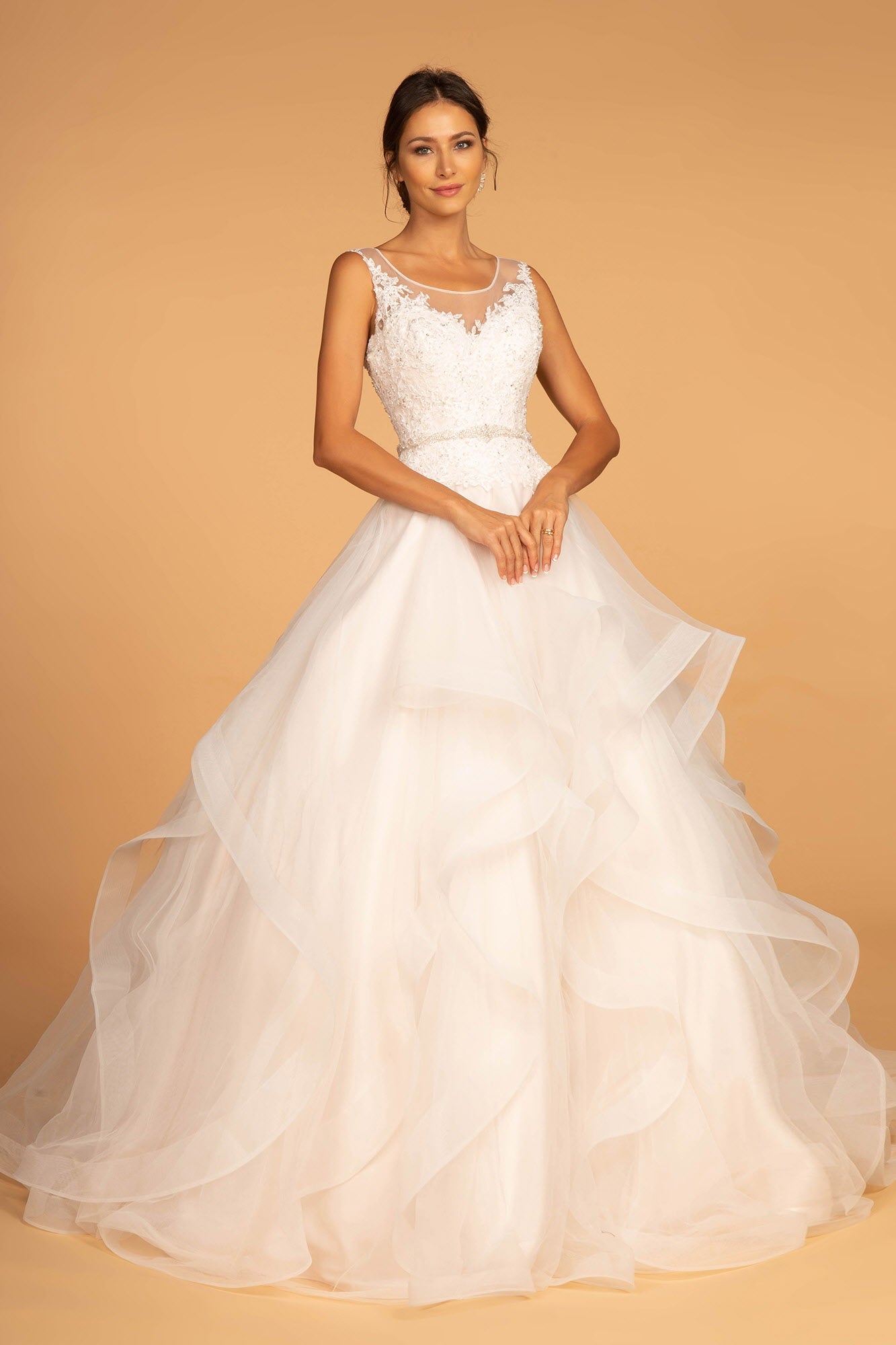 Embroidered Bodice Layered Hem Tulle Wedding Gown - RoshelLuxe.com