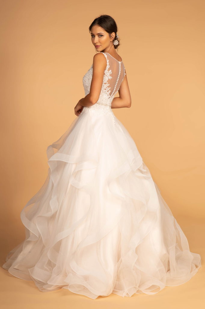 Embroidered Bodice Layered Hem Tulle Wedding Gown - RoshelLuxe.com