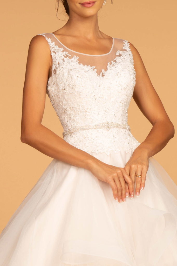 Embroidered Bodice Layered Hem Tulle Wedding Gown - RoshelLuxe.com