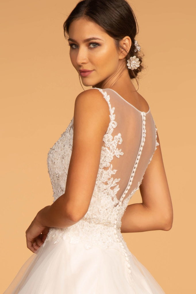 Embroidered Bodice Layered Hem Tulle Wedding Gown - RoshelLuxe.com