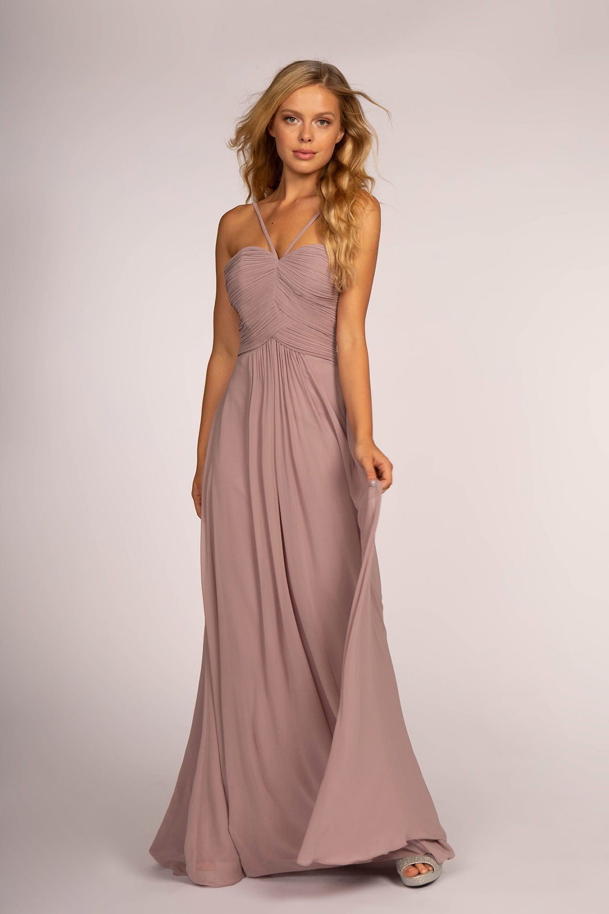Chiffon Ruched-Bodice Long Dress - RoshelLuxe.com