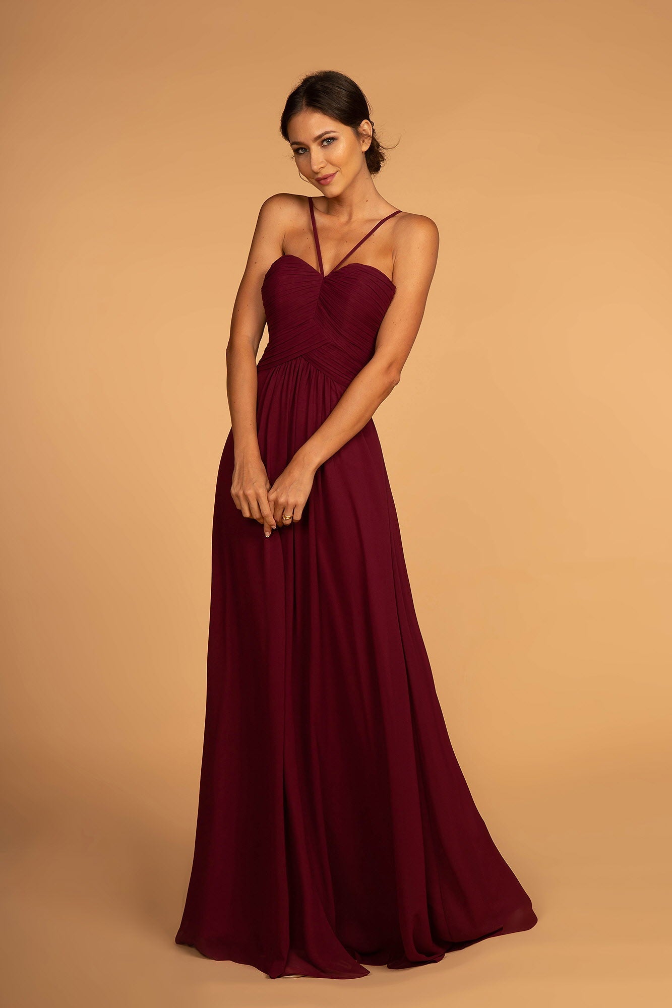 Chiffon Ruched-Bodice Long Dress - RoshelLuxe.com