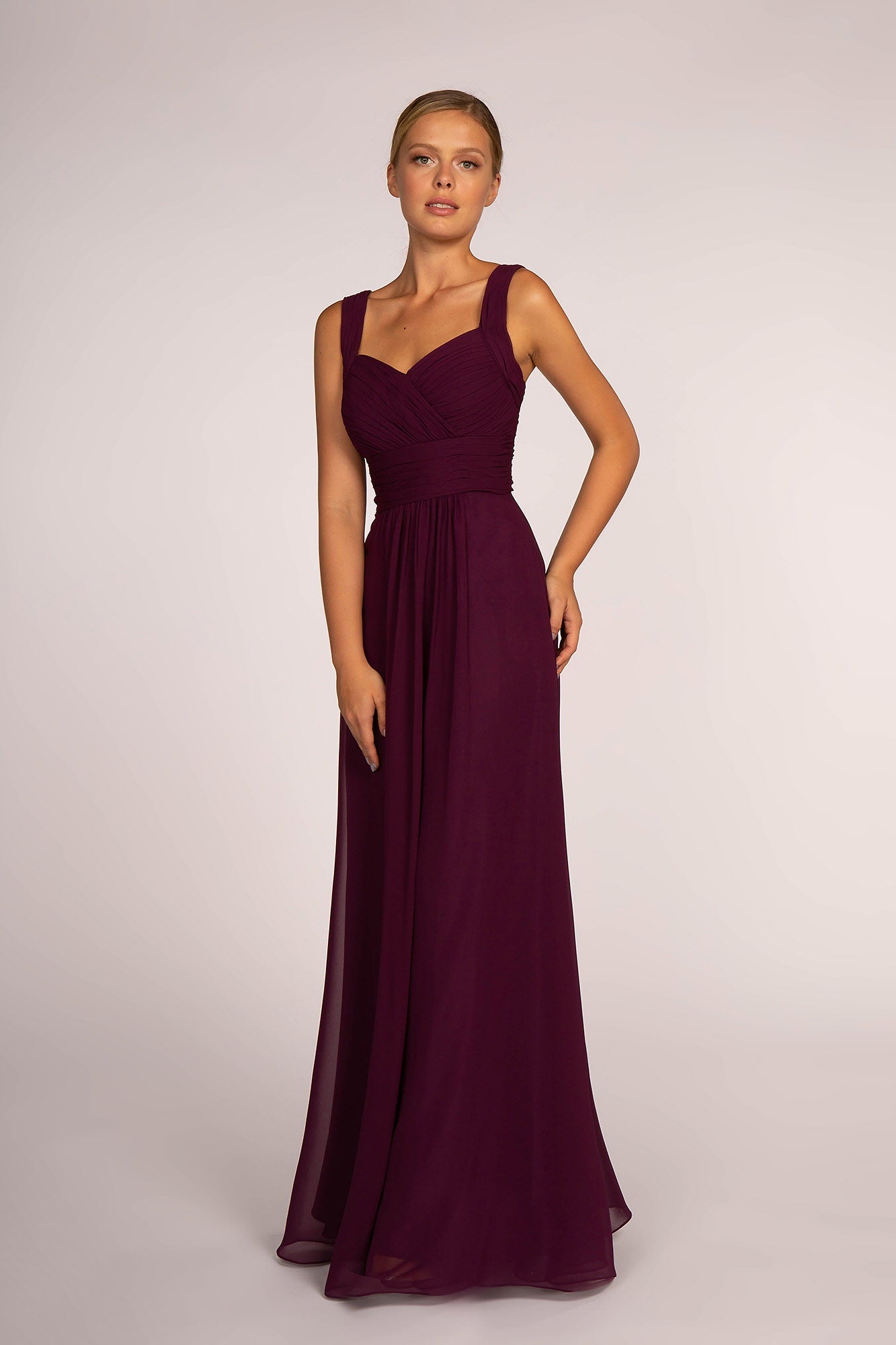 Chiffon Ruched-Bodice A-Line Long Dress - RoshelLuxe.com