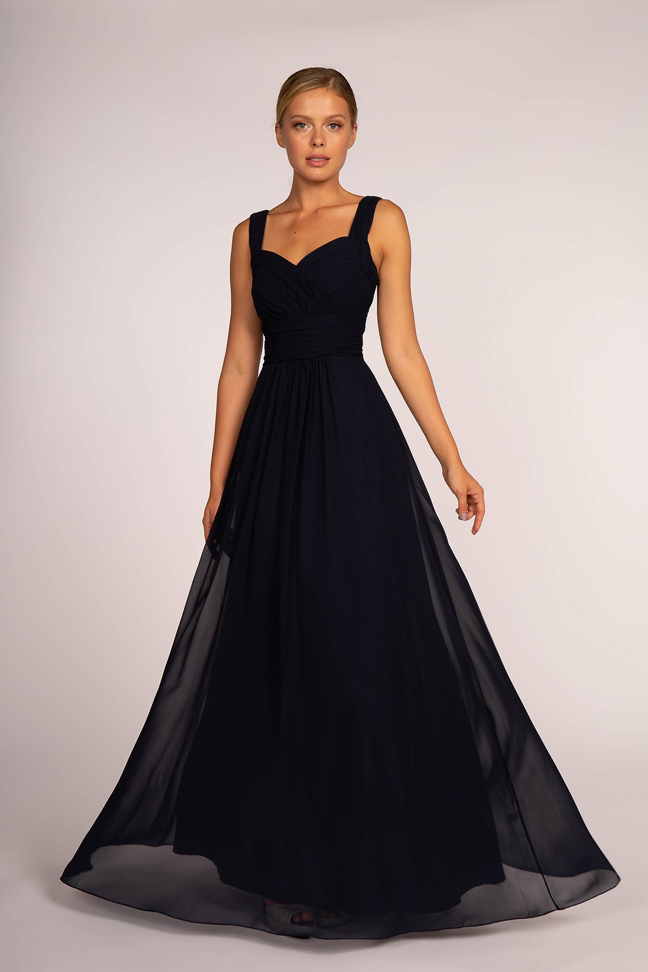 Chiffon Ruched-Bodice A-Line Long Dress - RoshelLuxe.com