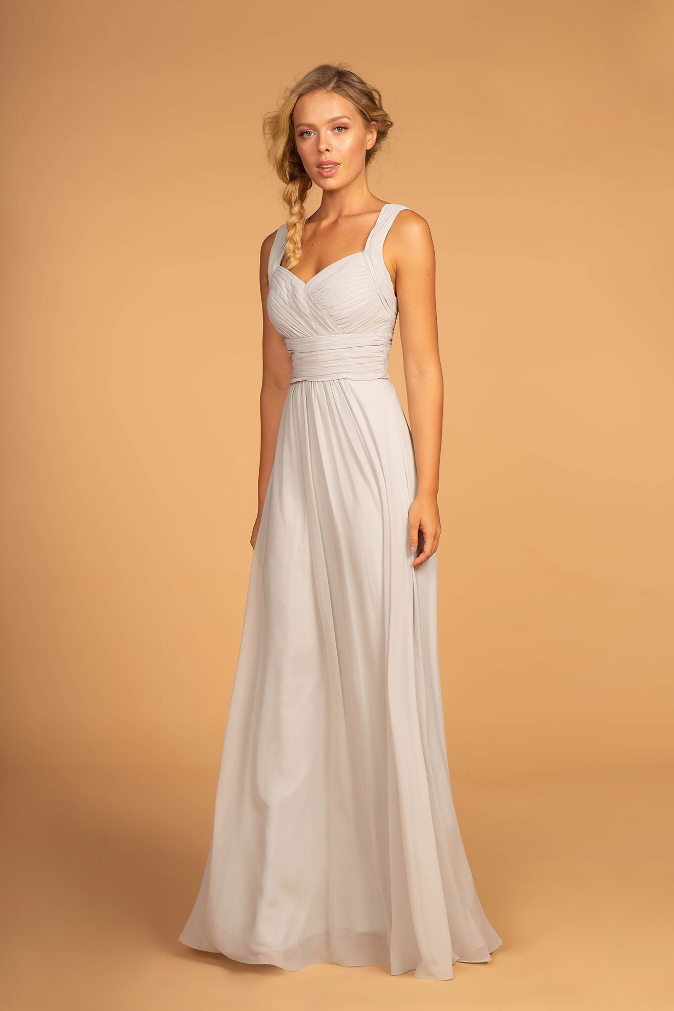 Chiffon Ruched-Bodice A-Line Long Dress - RoshelLuxe.com