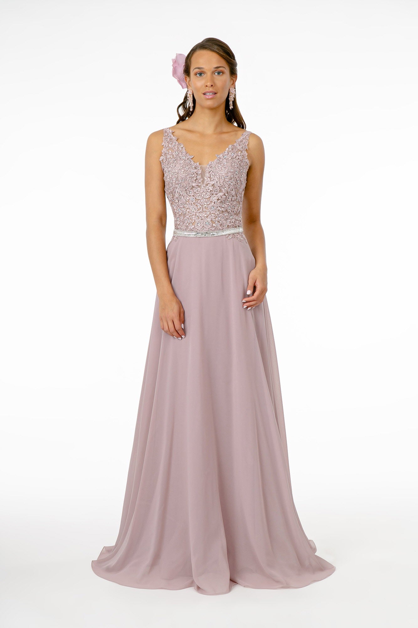 V-Neck Embroidered-Bodice Chiffon Long Dress - RoshelLuxe.com