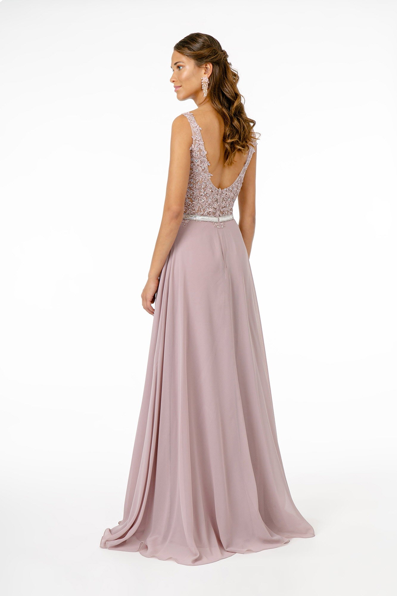 V-Neck Embroidered-Bodice Chiffon Long Dress - RoshelLuxe.com