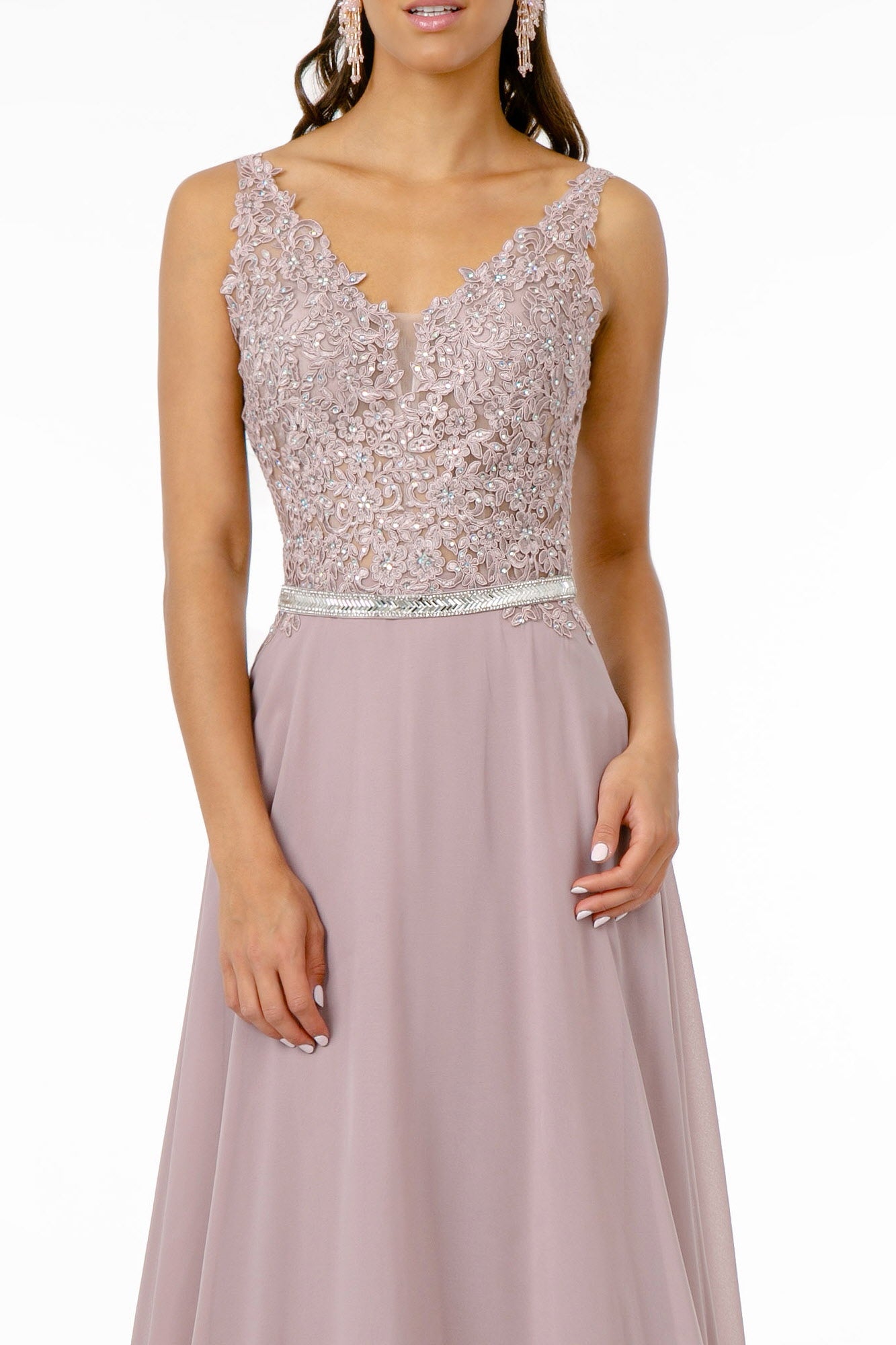 V-Neck Embroidered-Bodice Chiffon Long Dress - RoshelLuxe.com
