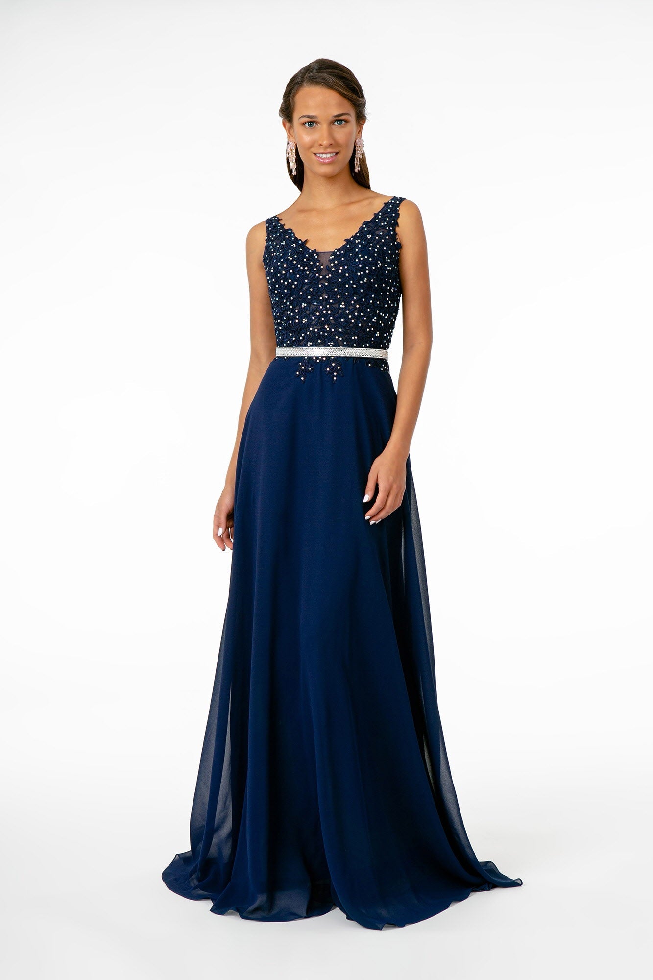 V-Neck Embroidered-Bodice Chiffon Long Dress - RoshelLuxe.com