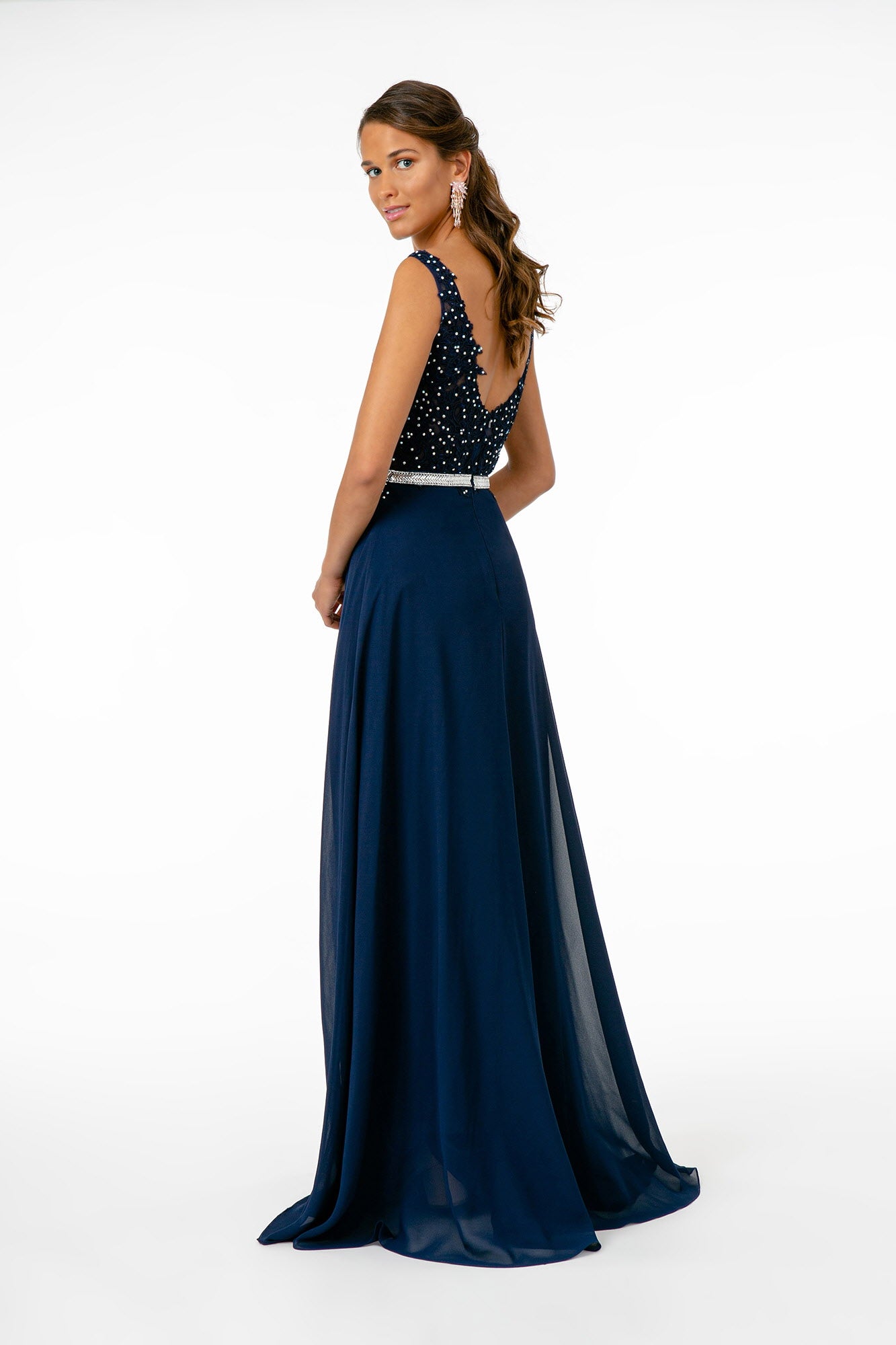 V-Neck Embroidered-Bodice Chiffon Long Dress - RoshelLuxe.com