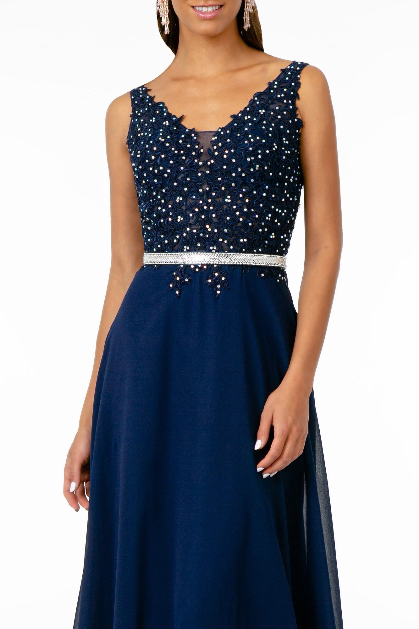 V-Neck Embroidered-Bodice Chiffon Long Dress - RoshelLuxe.com