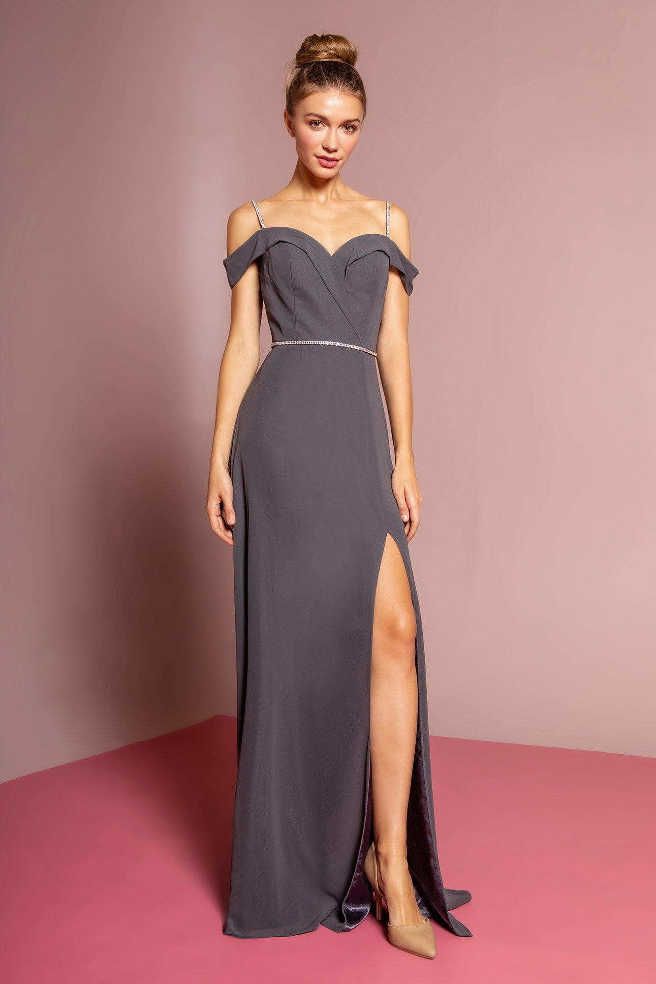 Chiffon Rhinestone Straps Long Dress - RoshelLuxe.com