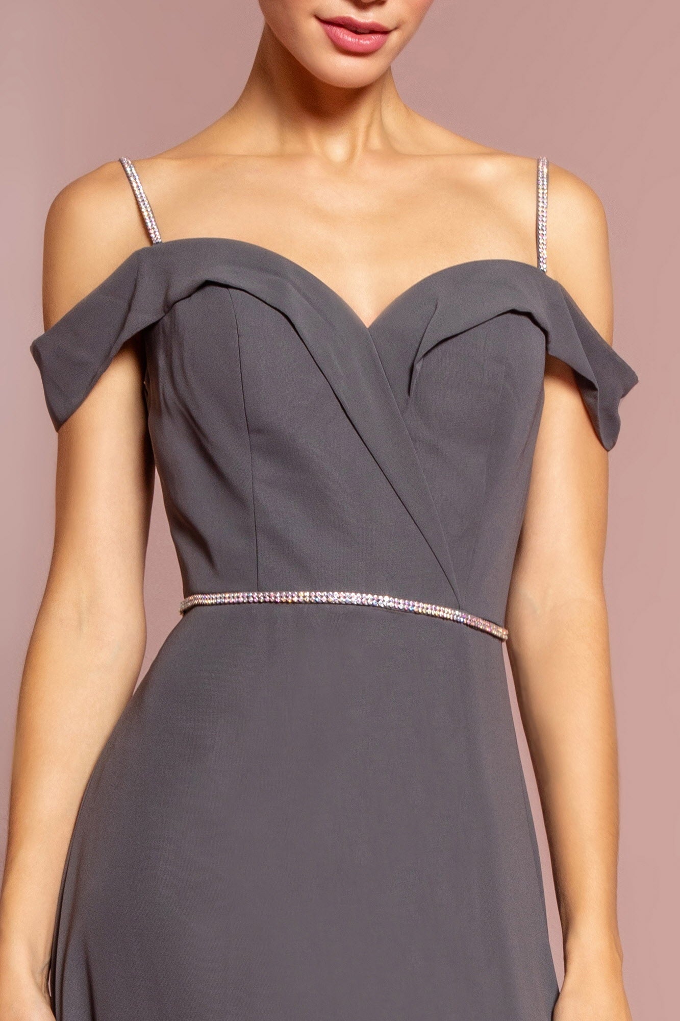 Chiffon Rhinestone Straps Long Dress - RoshelLuxe.com