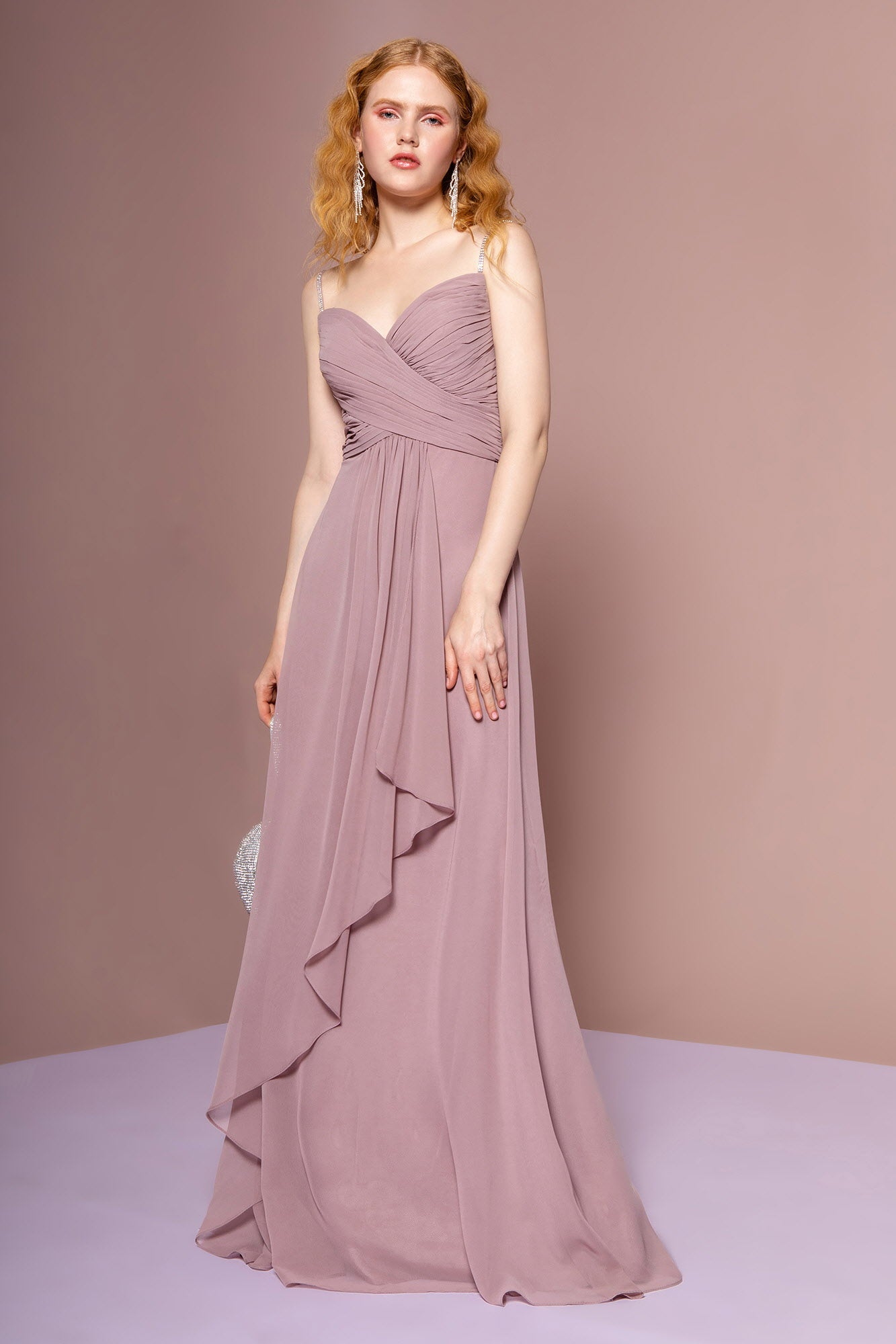 Chiffon Ruched Jewel Straps Long Dress - RoshelLuxe.com