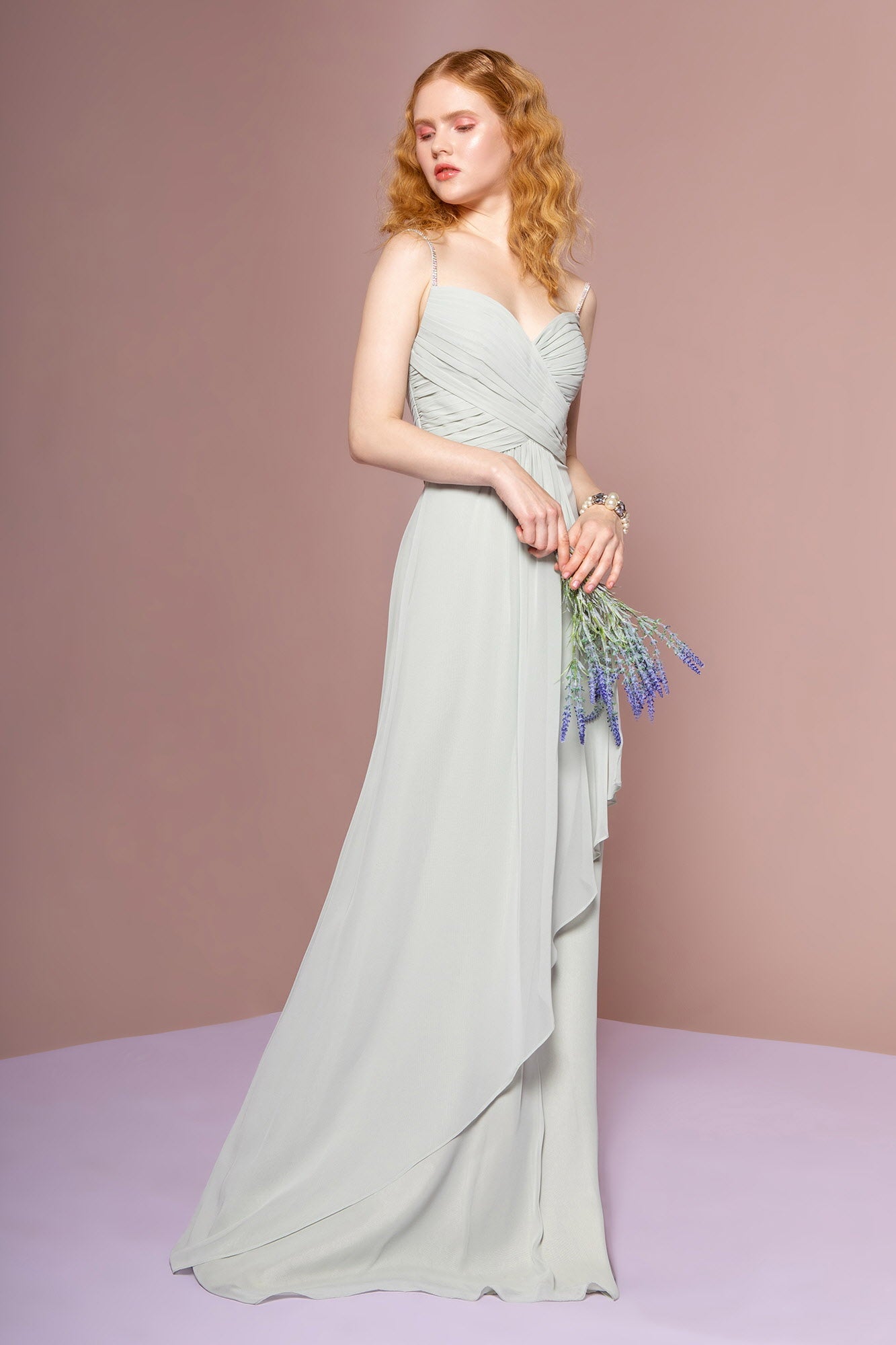 Chiffon Ruched Jewel Straps Long Dress - RoshelLuxe.com
