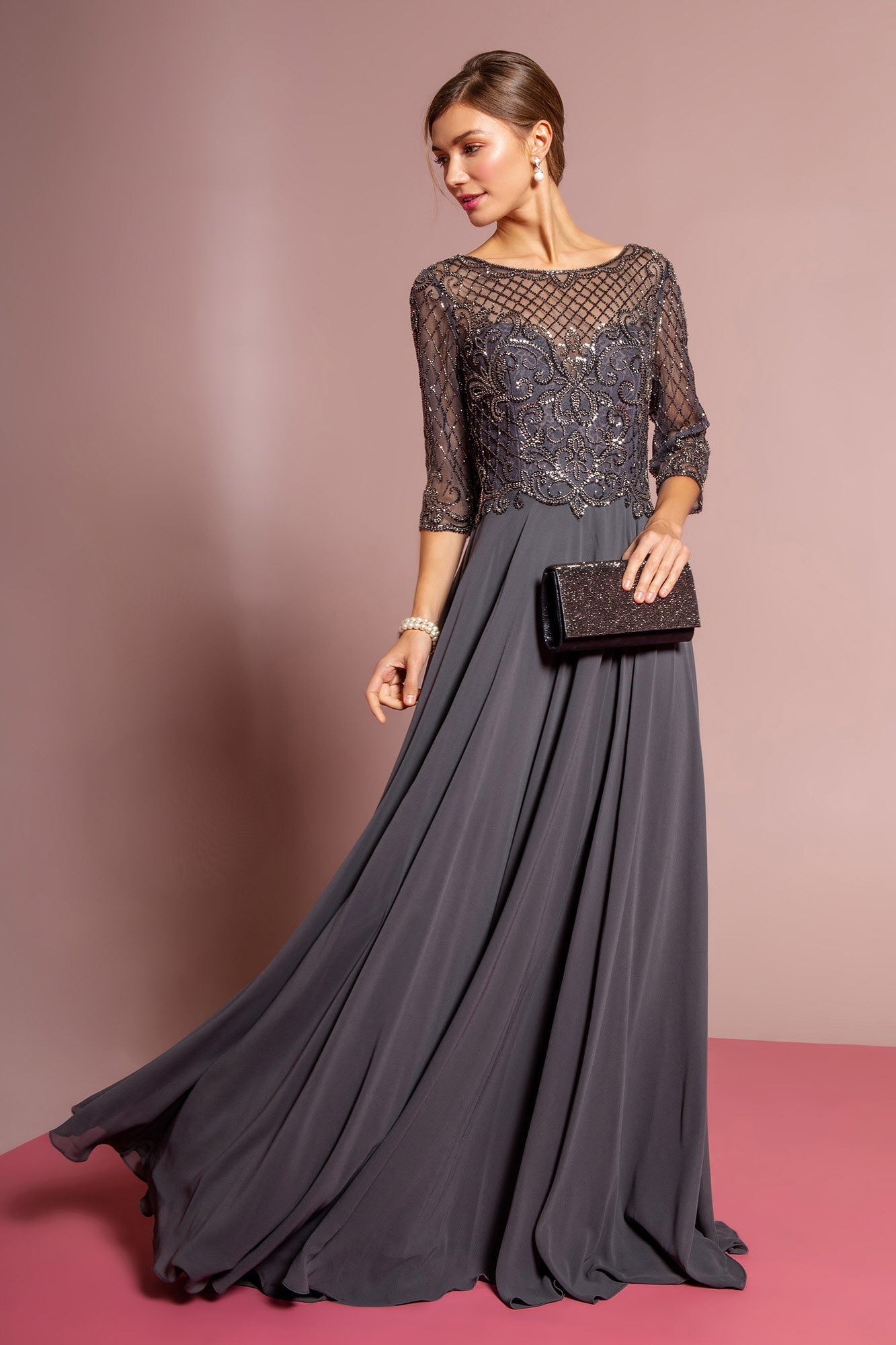 Beads Embellished Bodice Chiffon Long Dress - RoshelLuxe.com