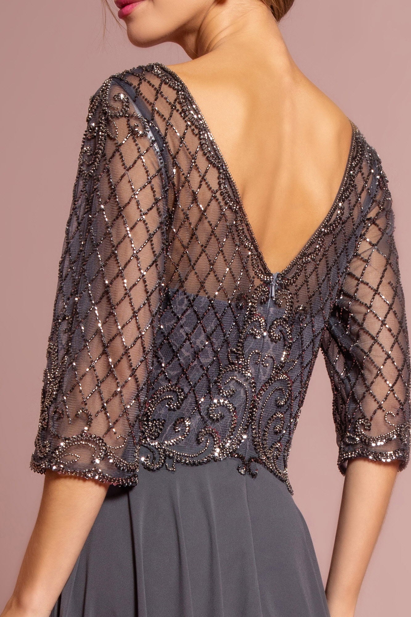 Beads Embellished Bodice Chiffon Long Dress - RoshelLuxe.com