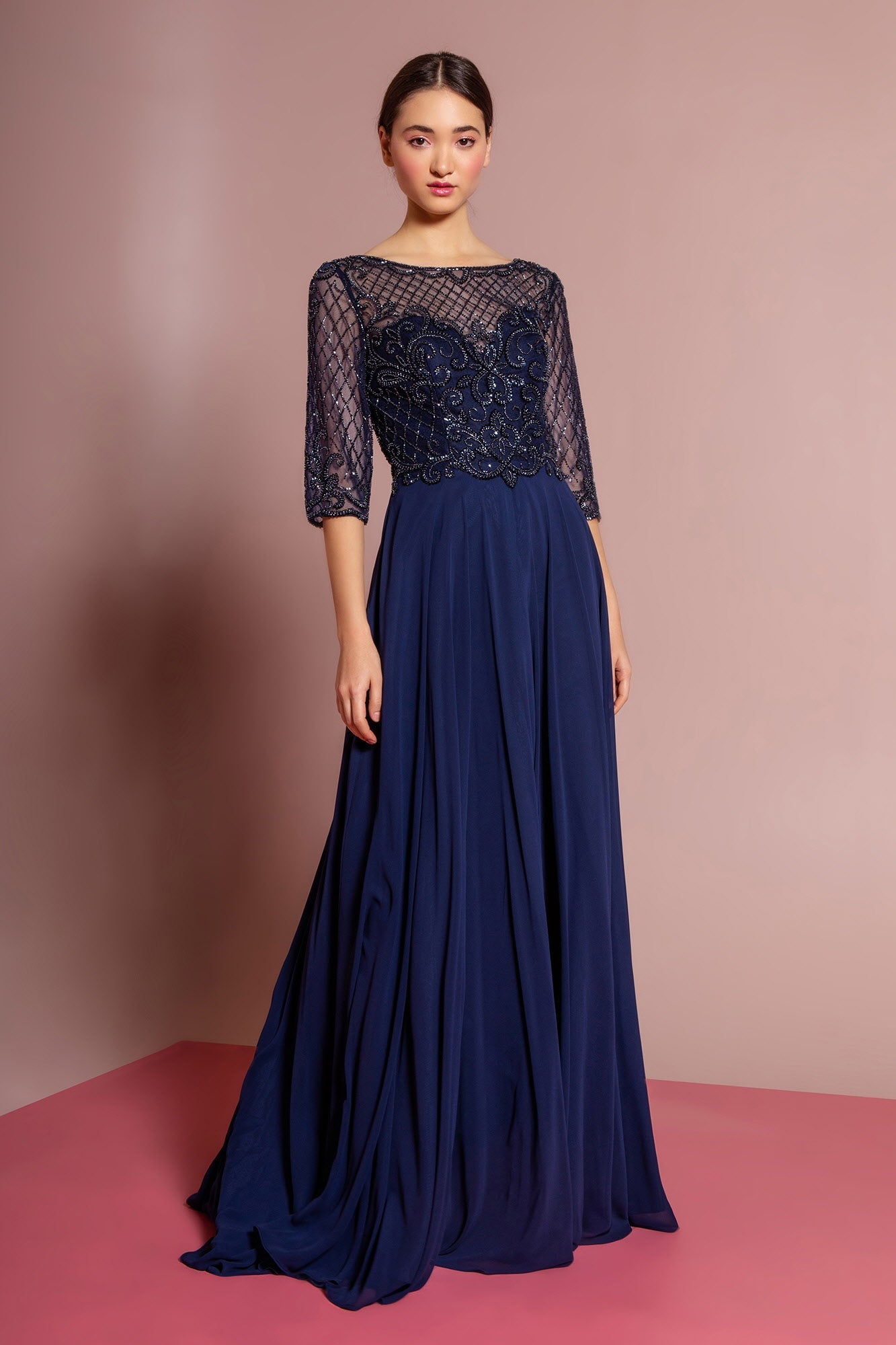 Beads Embellished Bodice Chiffon Long Dress - RoshelLuxe.com