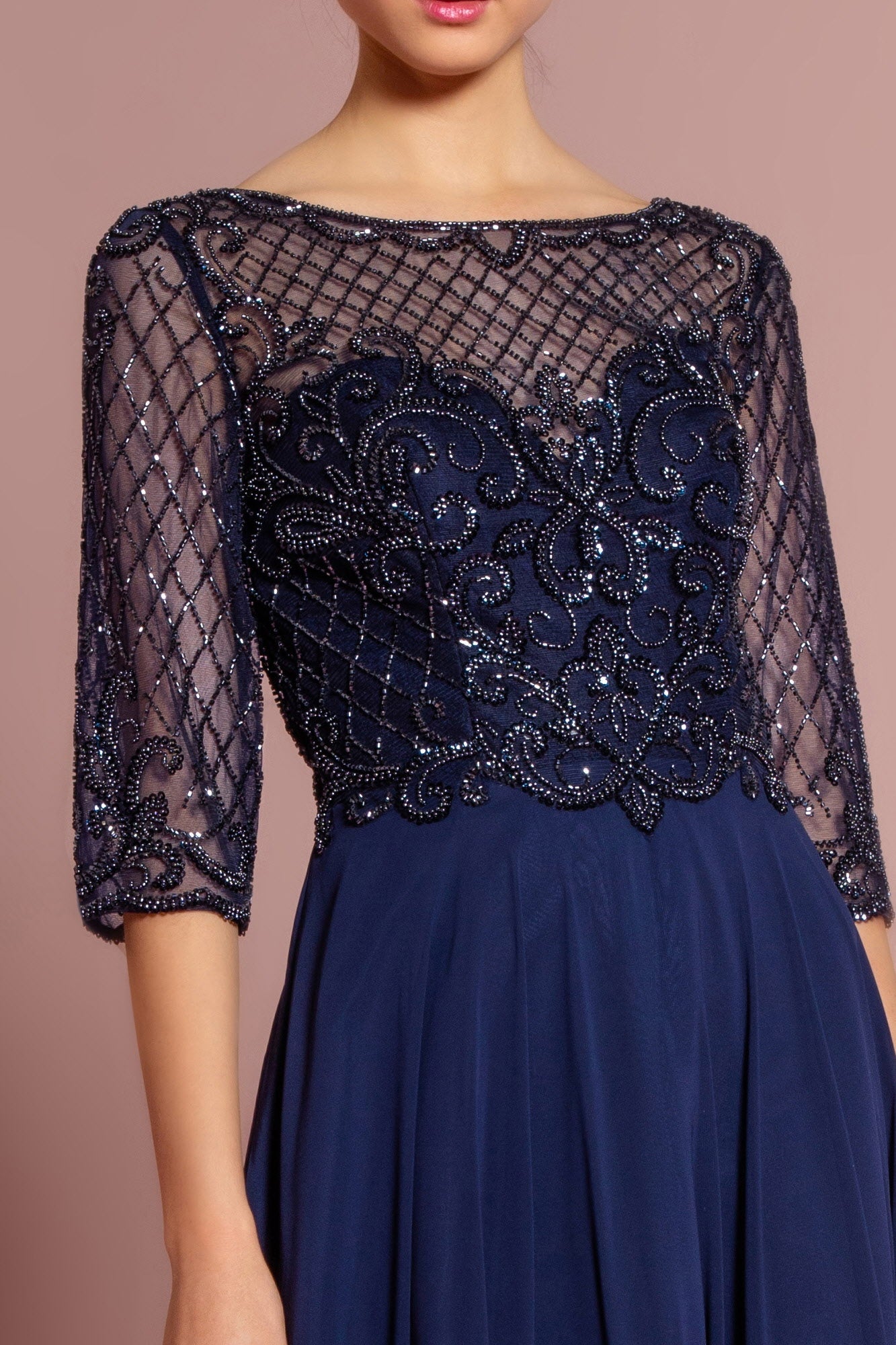 Beads Embellished Bodice Chiffon Long Dress - RoshelLuxe.com