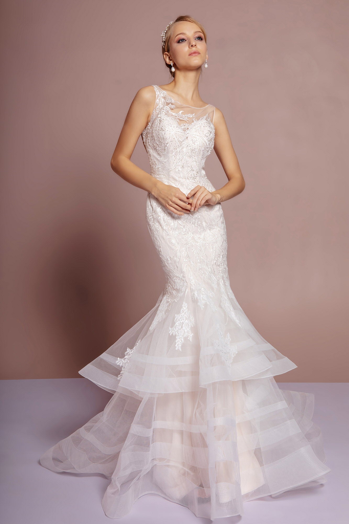 Beads Embellished Mermaid Layered Hem Wedding Gown Ladies - RoshelLuxe.com