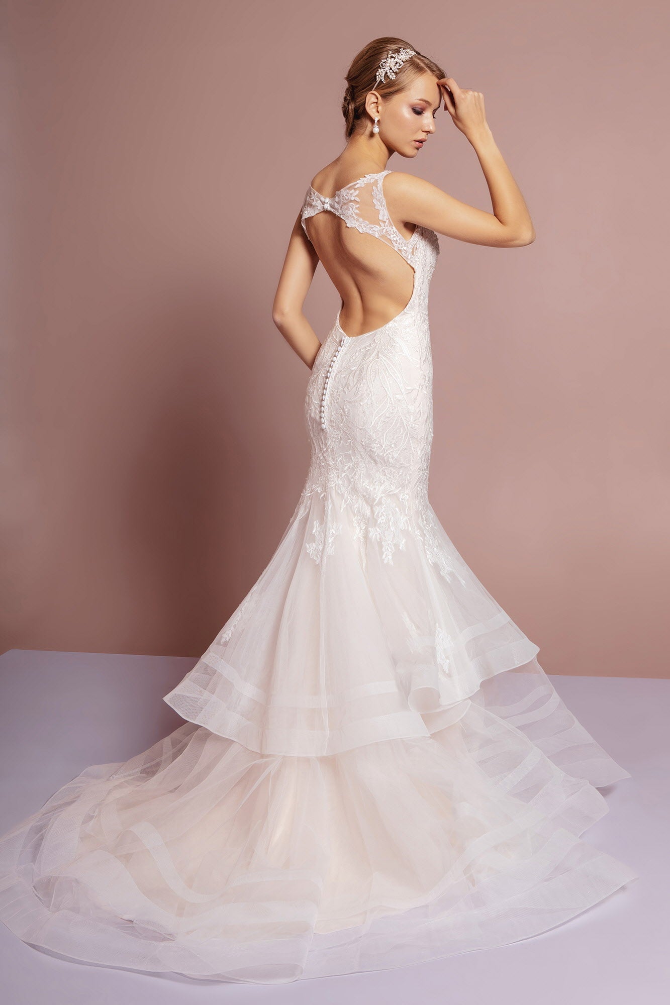 Beads Embellished Mermaid Layered Hem Wedding Gown Ladies - RoshelLuxe.com