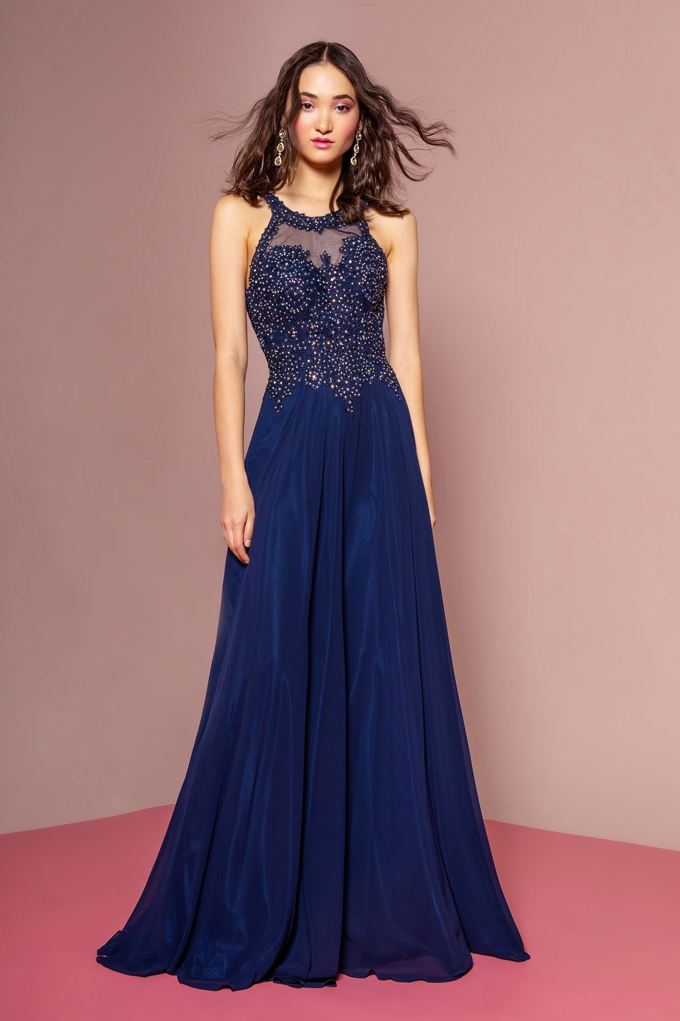 Jewel Embellished and Embroidered Bodice Chiffon Long Dress - RoshelLuxe.com