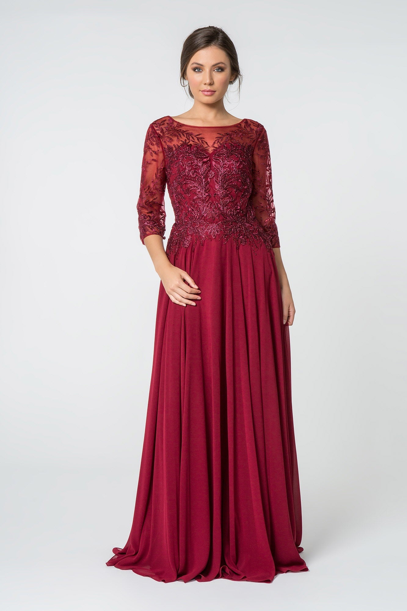 Embroidered Bodice 3/4 Mesh Sleeve Chiffon - RoshelLuxe.com
