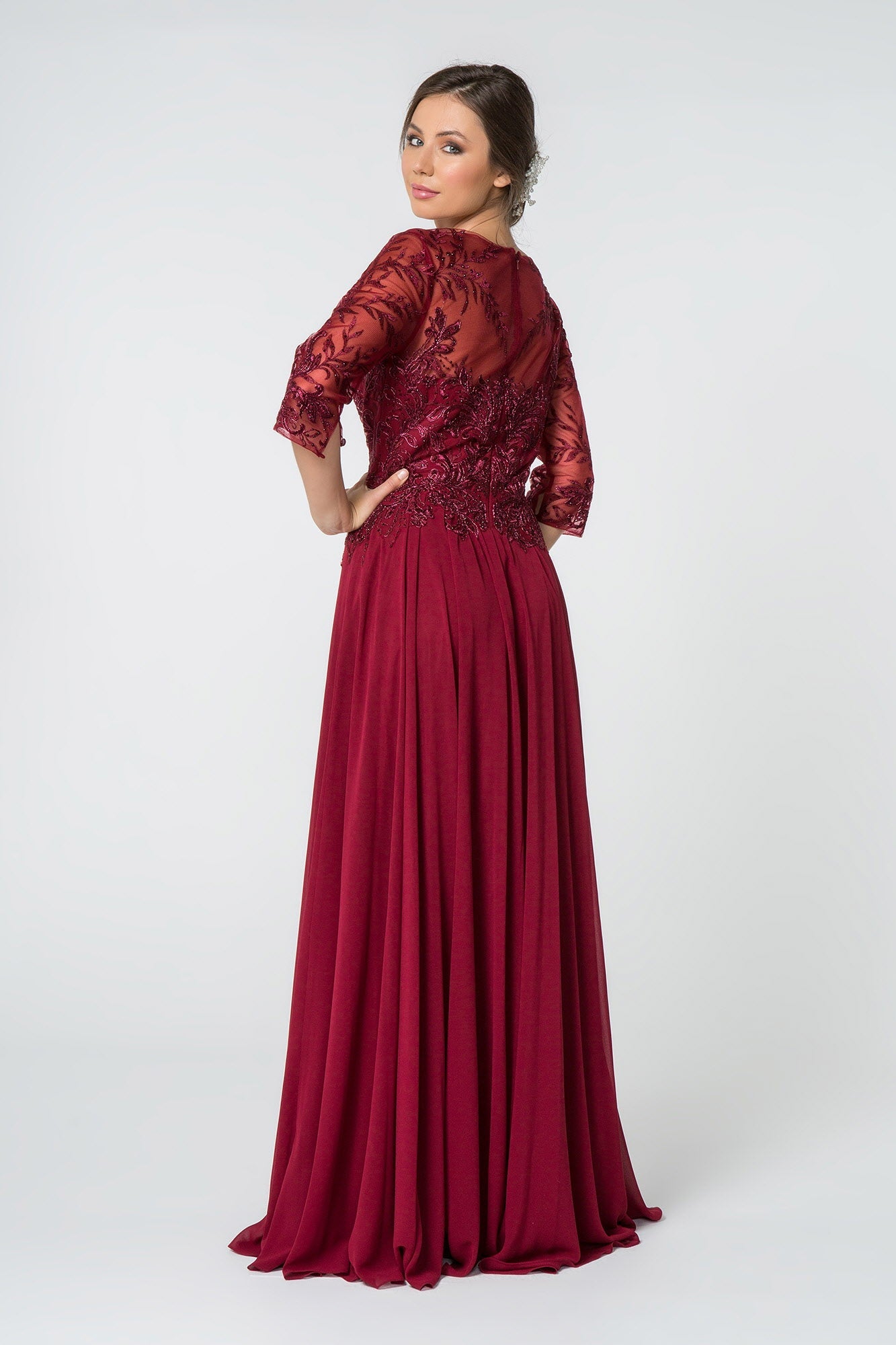 Embroidered Bodice 3/4 Mesh Sleeve Chiffon - RoshelLuxe.com