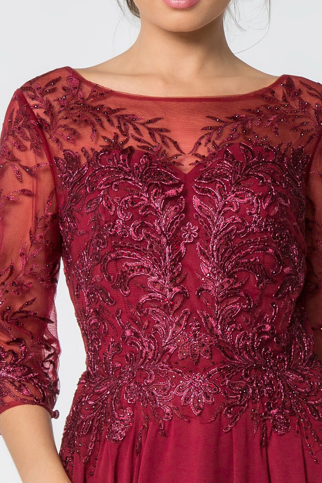 Embroidered Bodice 3/4 Mesh Sleeve Chiffon - RoshelLuxe.com