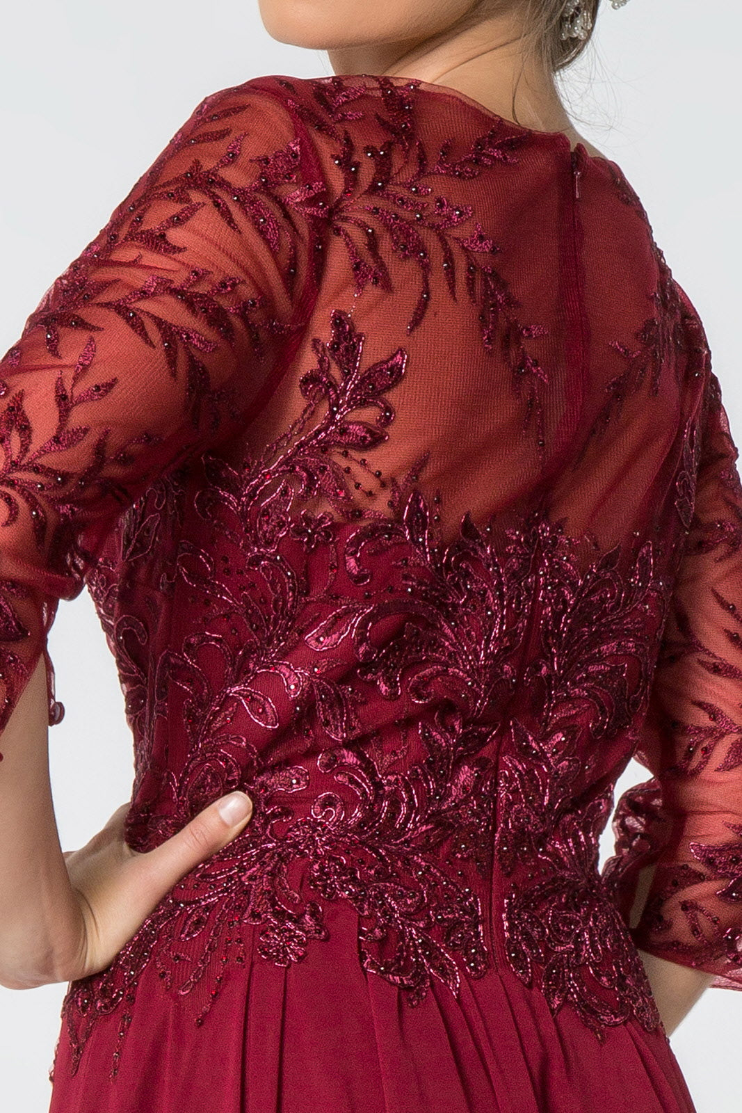 Embroidered Bodice 3/4 Mesh Sleeve Chiffon - RoshelLuxe.com