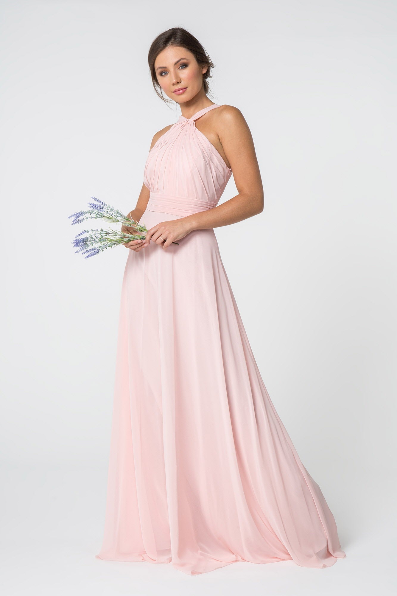 High-Neck Chiffon Ruched-Bodice A-Line Long Dress - RoshelLuxe.com