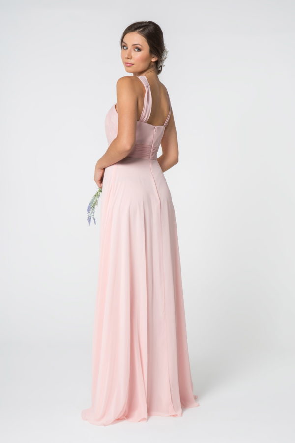 High-Neck Chiffon Ruched-Bodice A-Line Long Dress - RoshelLuxe.com