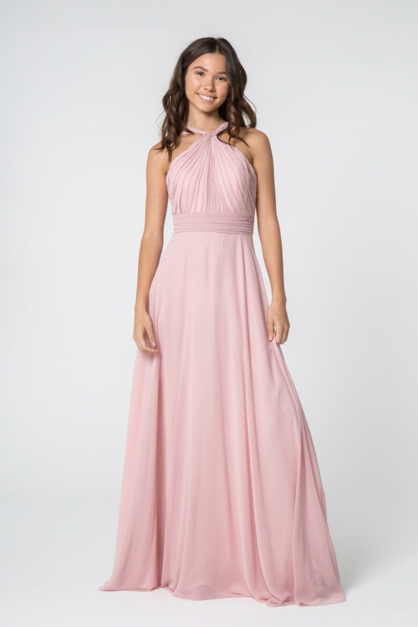 High-Neck Chiffon Ruched-Bodice A-Line Long Dress - RoshelLuxe.com