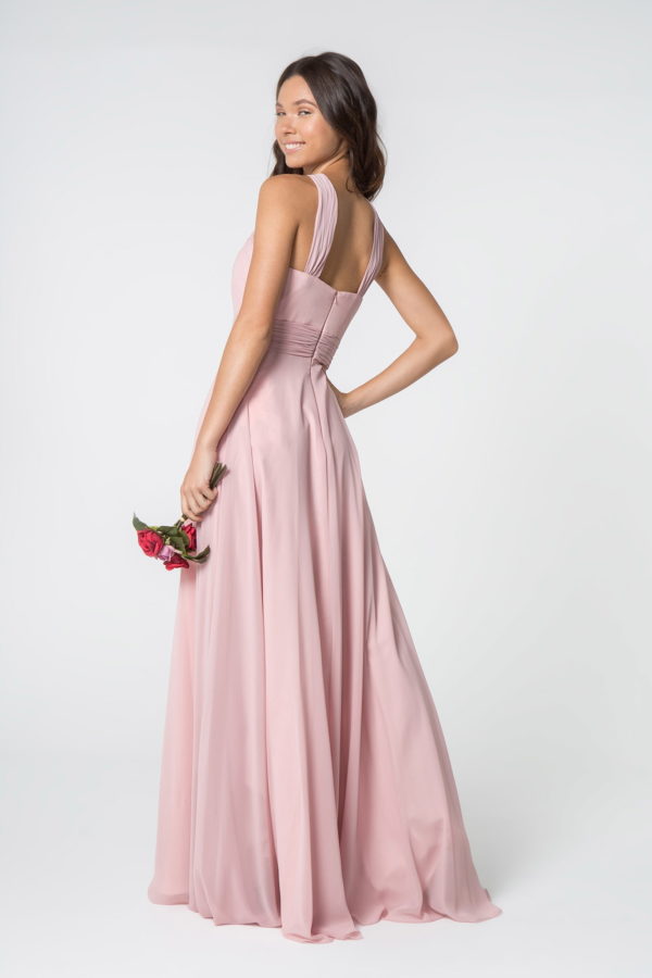High-Neck Chiffon Ruched-Bodice A-Line Long Dress - RoshelLuxe.com