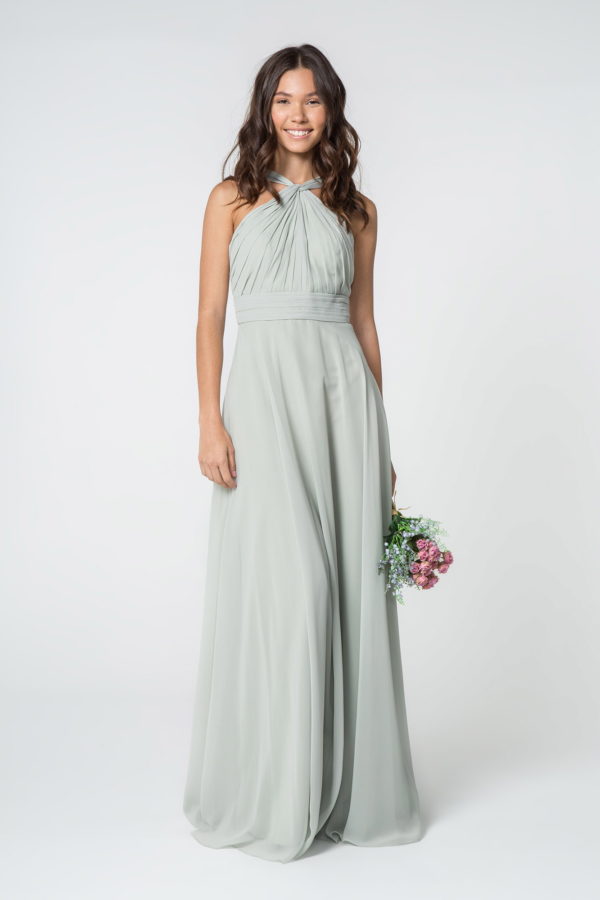 High-Neck Chiffon Ruched-Bodice A-Line Long Dress - RoshelLuxe.com